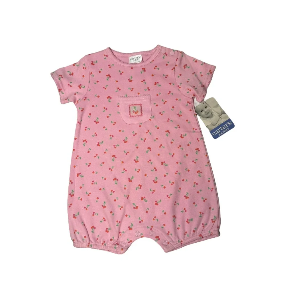 Vintage Carters Baby Girls Pink Cherry Print Bubble Romper 3-6M NWT 019-324